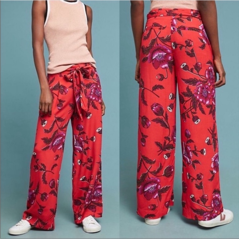 Ett Twa Anthropologie red floral paisley viscose tie belt pants